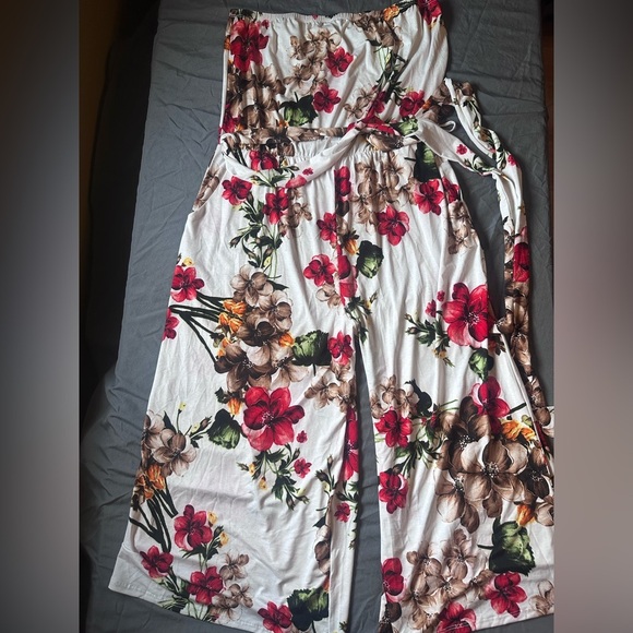 Strapless Floral Wide Leg Tie Waist Romper Jumpsuit Size XL - Picture 1 of 12
